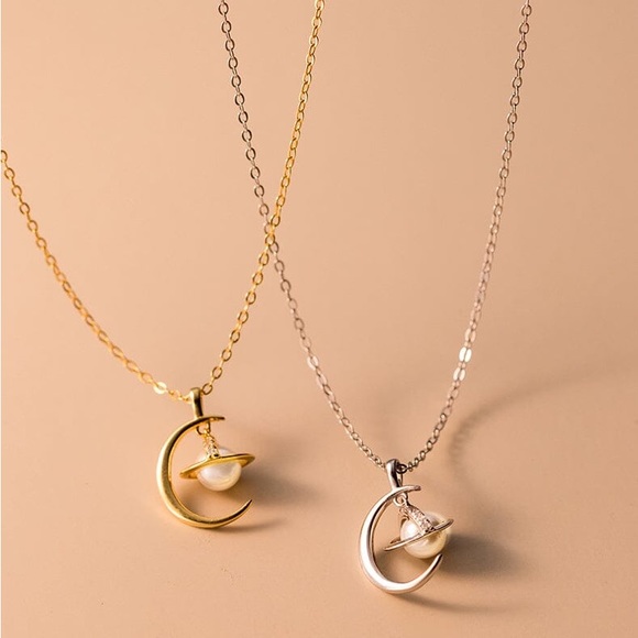 NEW S925 Sterling Silver Crescent Moon and Faux Pearl Planet Necklace - Picture 7 of 7